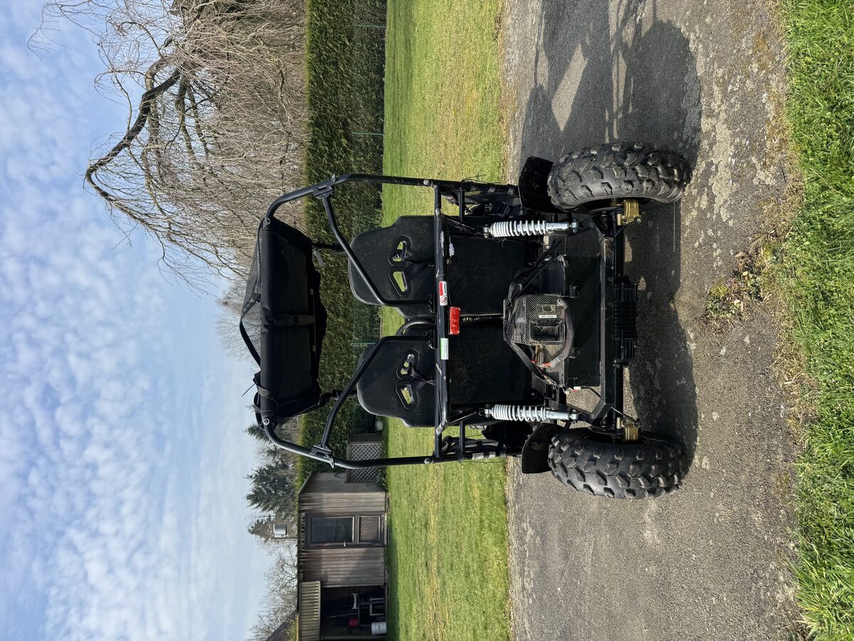 Achterzijde van de tweezits buggy met rolkooi